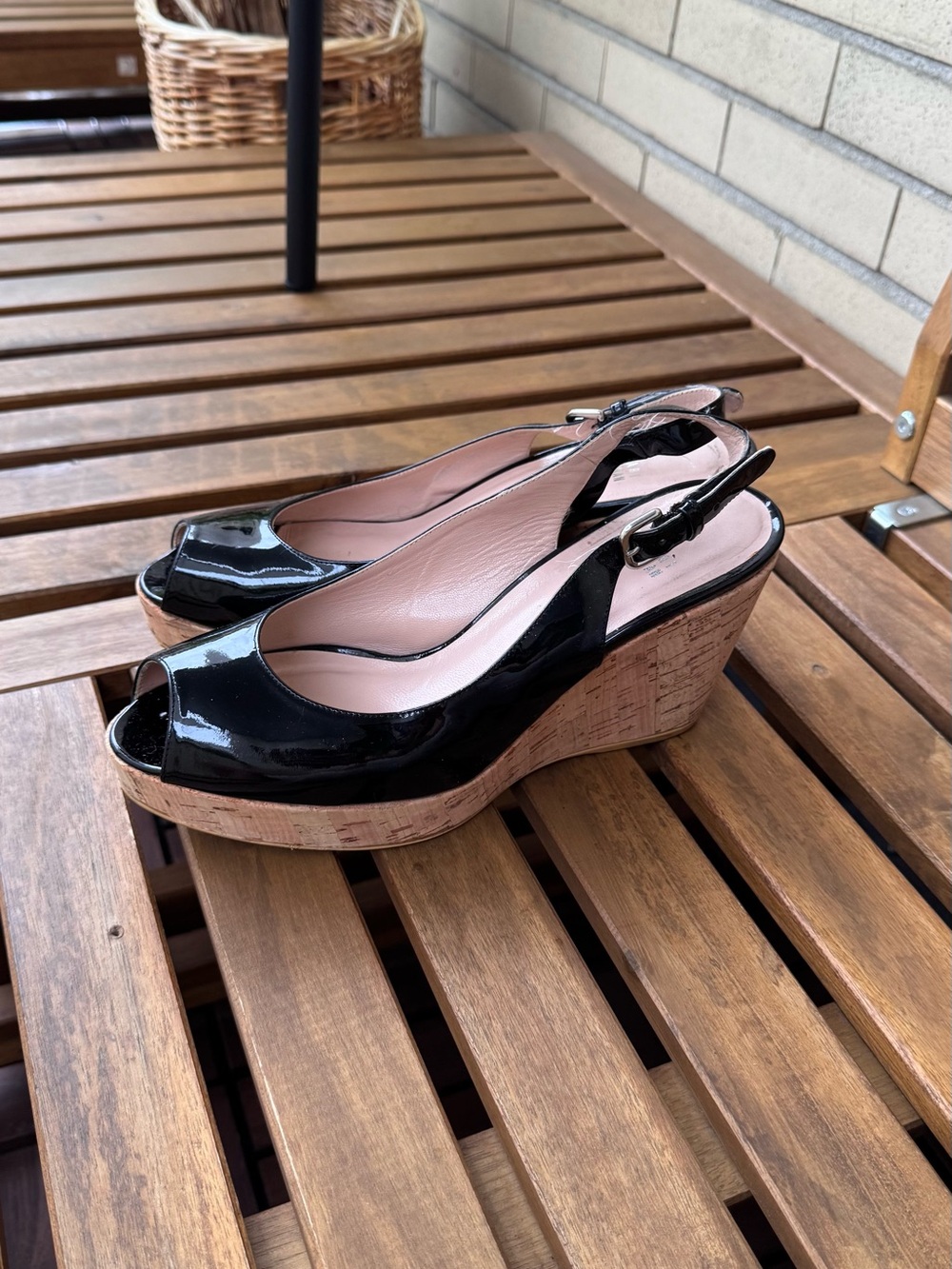 Stuart Weitzman Black Patent Peep-Toe Slingback Wedges - Picture 6 of 8